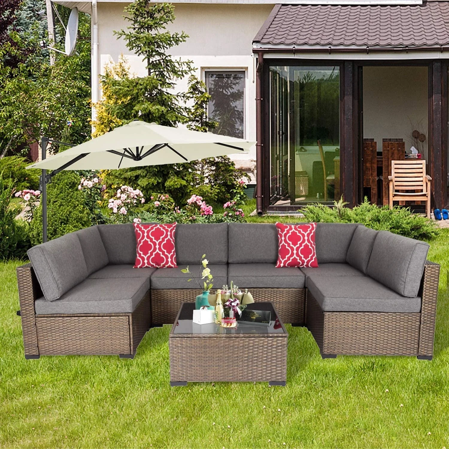 Kinbor 7pcs Outdoor Patio Furniture Set Wicker Sectional Sofa with Cushions, Gray