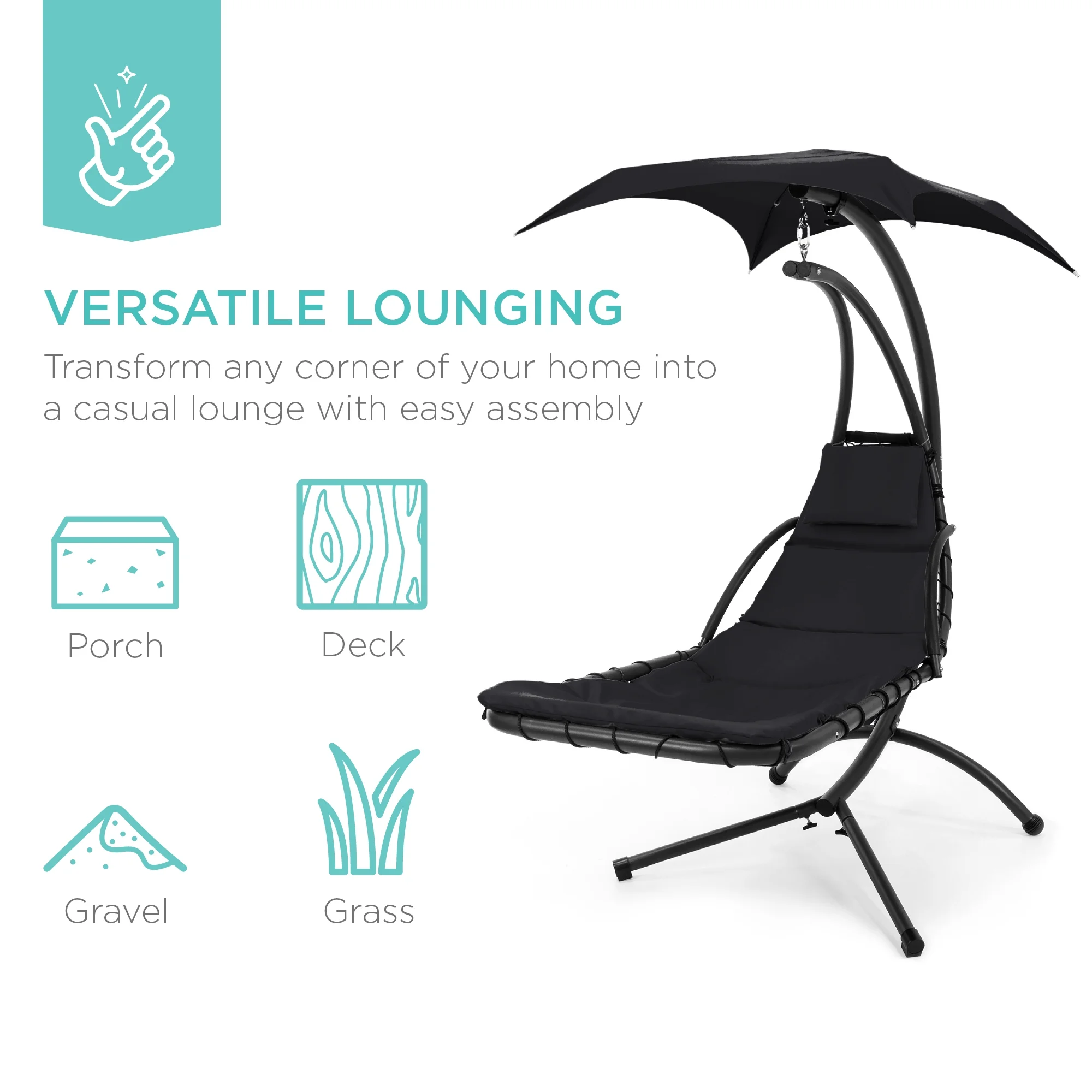 Best Choice Products Hanging Curved Chaise Lounge Chair Swing for Backyard, Patio w/ Pillow, Shade, Stand - Teal - Image 94