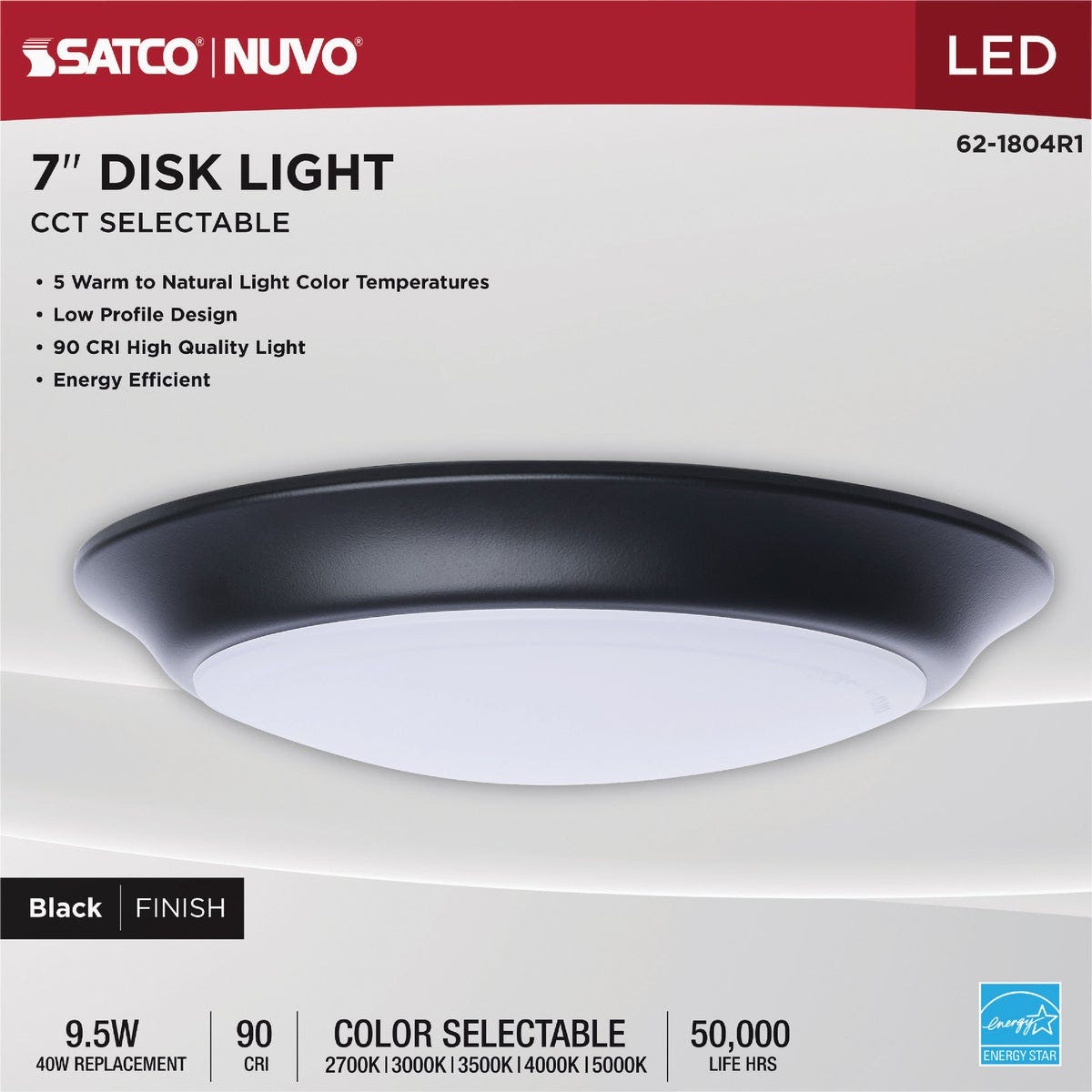 Satco Nuvo 7 In. Black 60W Equivalent LED CCT-Selectable Disk Flush Mount Ceiling Light Fixture