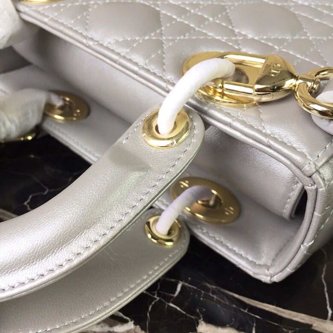 Christian Dior Small Lady Dior Bag Gold Toned Hardware Pearl Silver White For Women 8in/20cm CD1:1High-quality replica