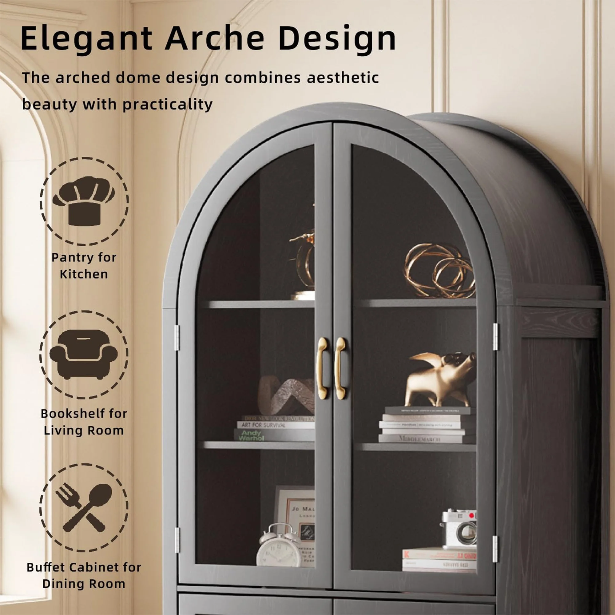 Fiogmub Tall Arched Storage Display Cabinet, Arched Pantry Cabinet with Doors, Acrylic Glass Doors - Image 12