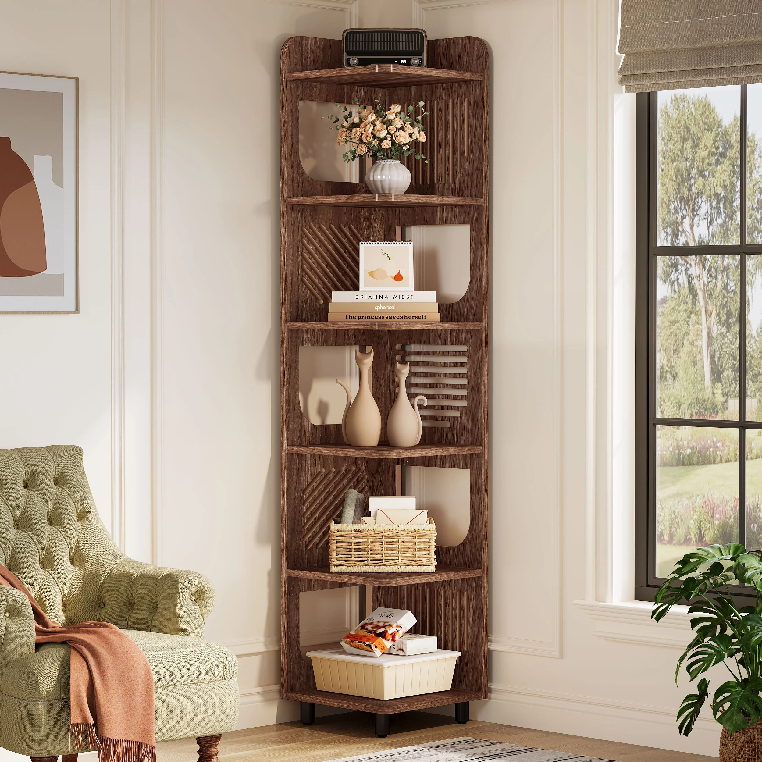 Fnova 71" 6-Tier Tall Corner Bookshelf, Rustic Wooden Narrow Corner Bookcase with Artistic Square Rack, Freestanding Display Storage Shelf for Space-Saving Home Organizing - Image 12