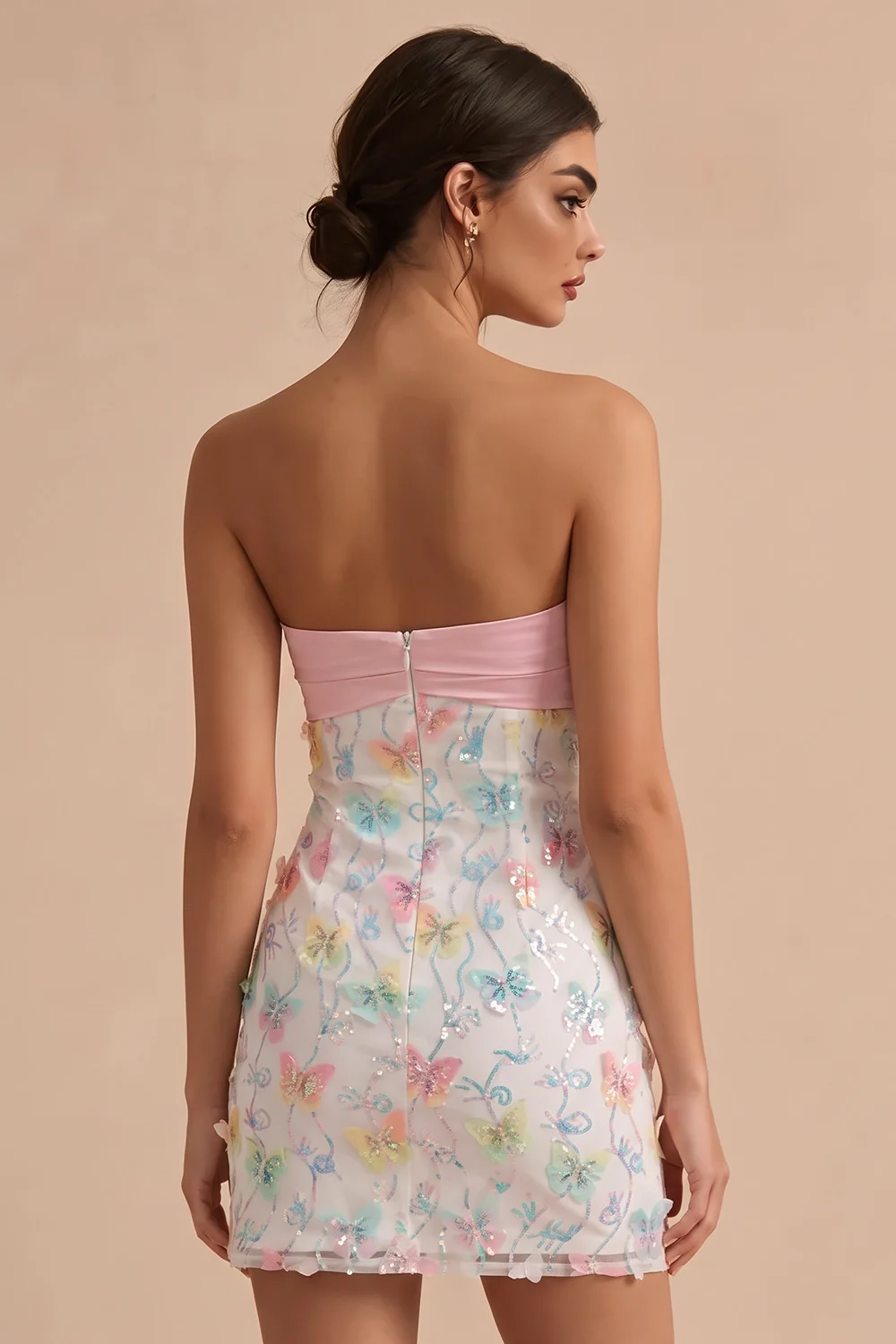 Sparkly Pink and White Floral Tight Short Strapless Beaded Graduation Dress