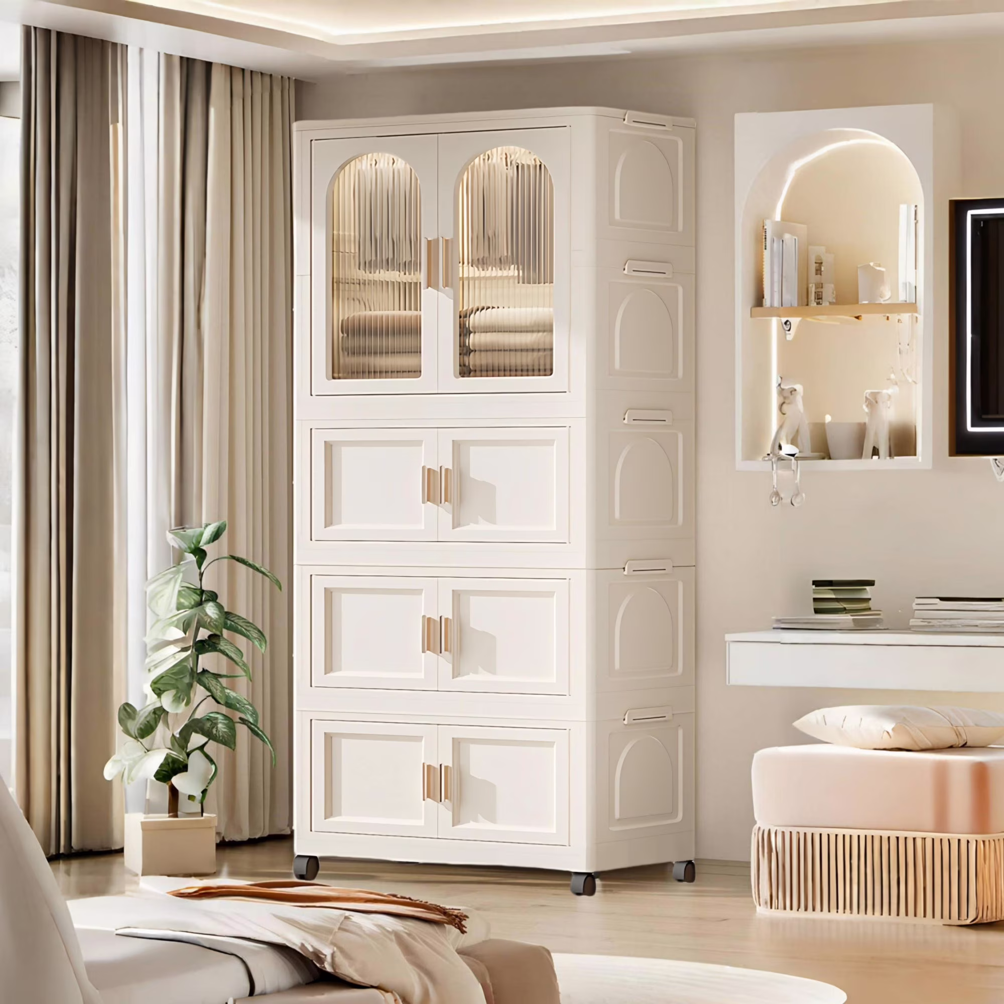 PORKISS Portable Wardrobe Closet, Folding Bedroom Armoire with Wheels, Plastic Storage Basket Can be Freely Combined (1 Layer of Wardrobe + 2 Layers of Folding Boxes+10 Hangers), Cream White-57.09"H - Image 3