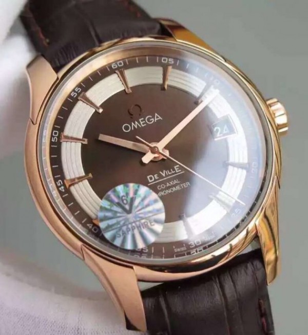 Replica Omega V6F De Ville Hour Vision Co-Axial 41mm RG Brown Dial Brown Leather Strap A8500 - Top club