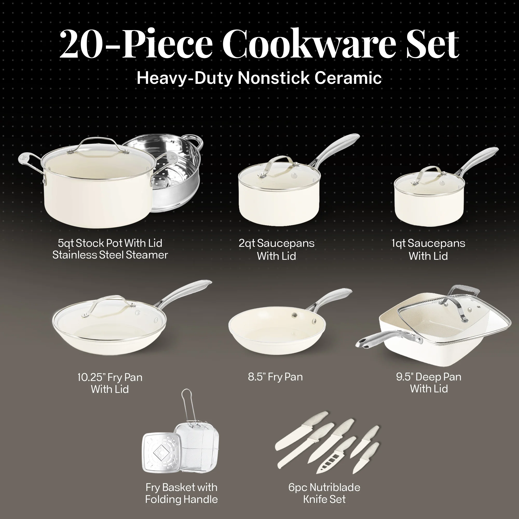 Gotham Steel 20 Pc Ceramic Pots and Pans Set Non Stick, Kitchen Cookware Sets with Knife Set, Pot and Pan Set, Ceramic Cookware Set, Non Stick Pots and Pan Set, Oven and Dishwasher Safe