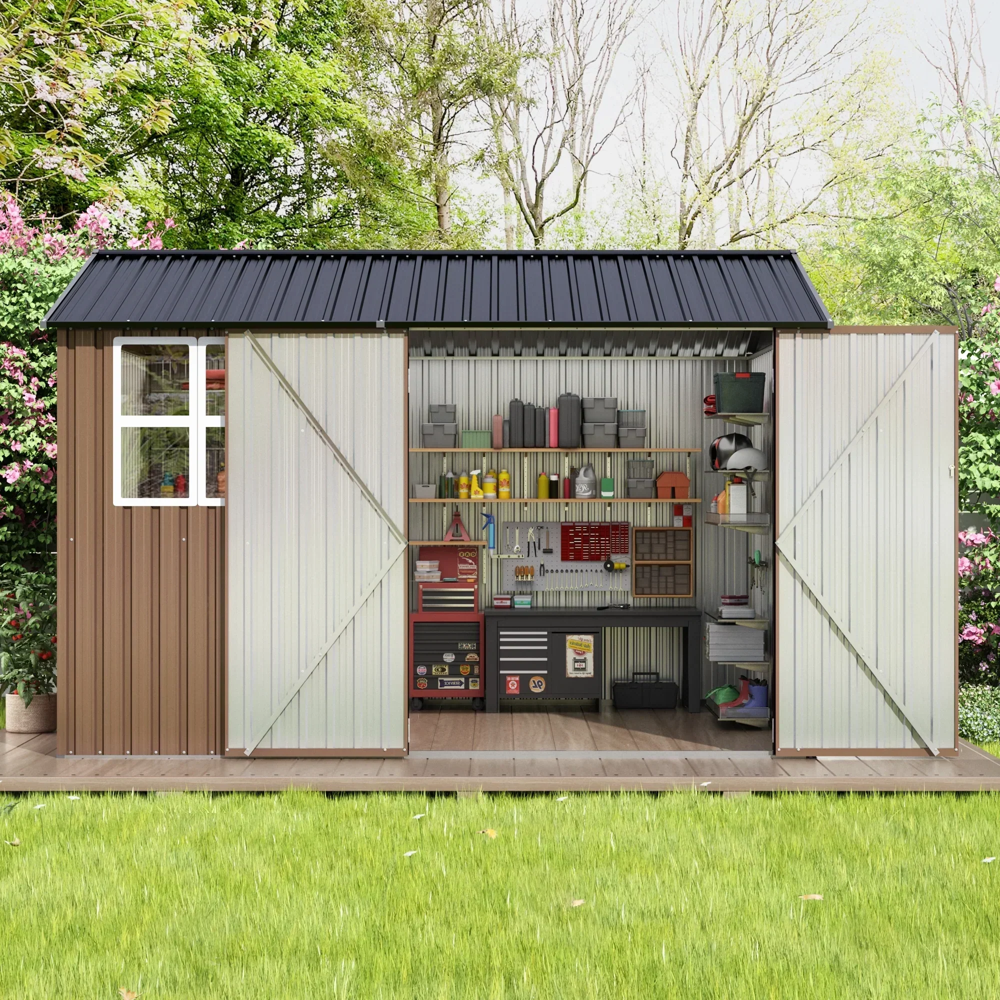 JAXPETY 10 x 10 ft Outdoor Metal Storage Shed With Window And Lockable Door - Brown JAXPETY 10 x 10 ft Outdoor Metal Storage Shed With Window And Lockable Door - Brown