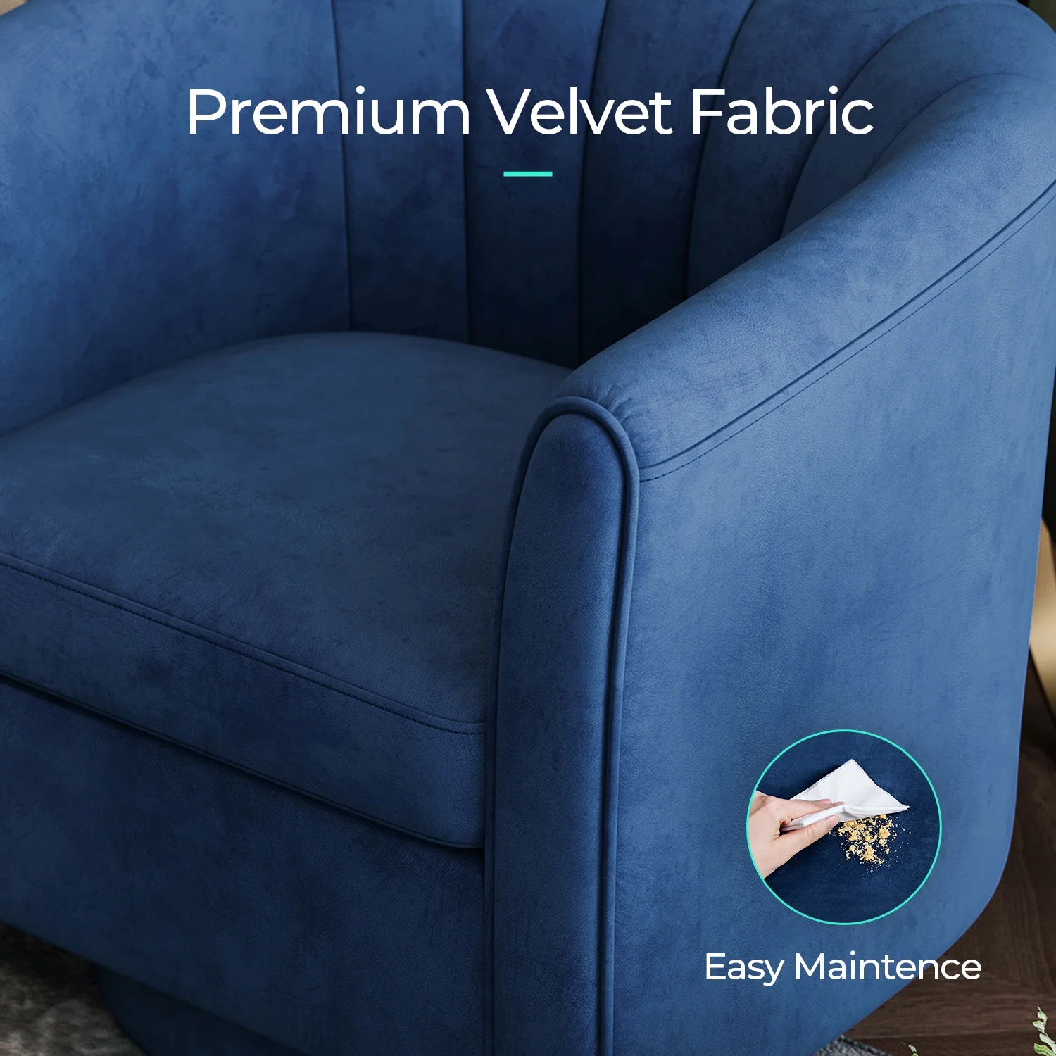 LINSY HOME Swivel Accent Chair with Ottoman, Velvet Barrel Chair for Living Room, Blue - Image 9