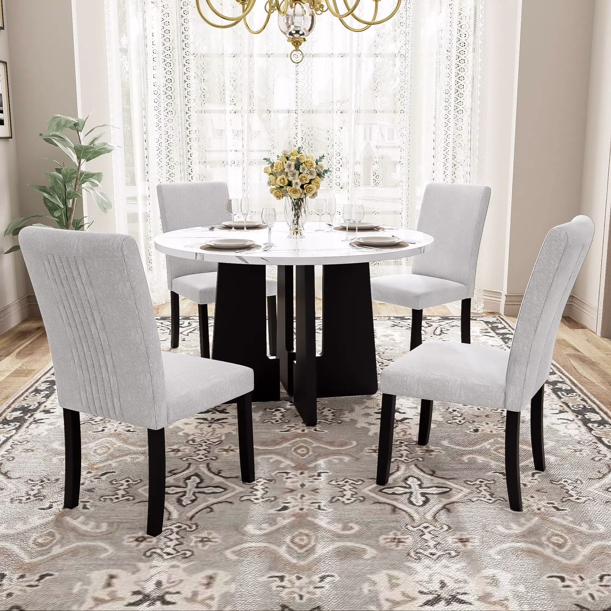 EUROCO 5-Piece Round Dining Table Set for 4, 43.3'' Kitchen Room Table with 4 Upholstered Chairs and Solid Wood Frame,Kitchen Table Set for Home Living Dining Room, Grey & Black - Image 3