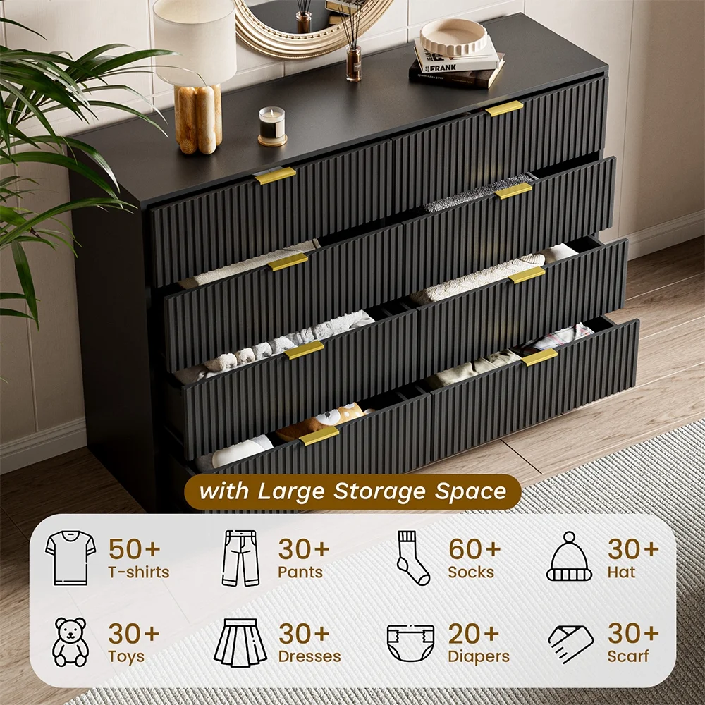 Furniway Black Dresser for Bedroom, 8 Drawer Double Dresser, Modern Chest of Drawers for Bedroom, Living Room, Entryway and Closet, 55" L x 15.7" D x 37.4" H - Image 2