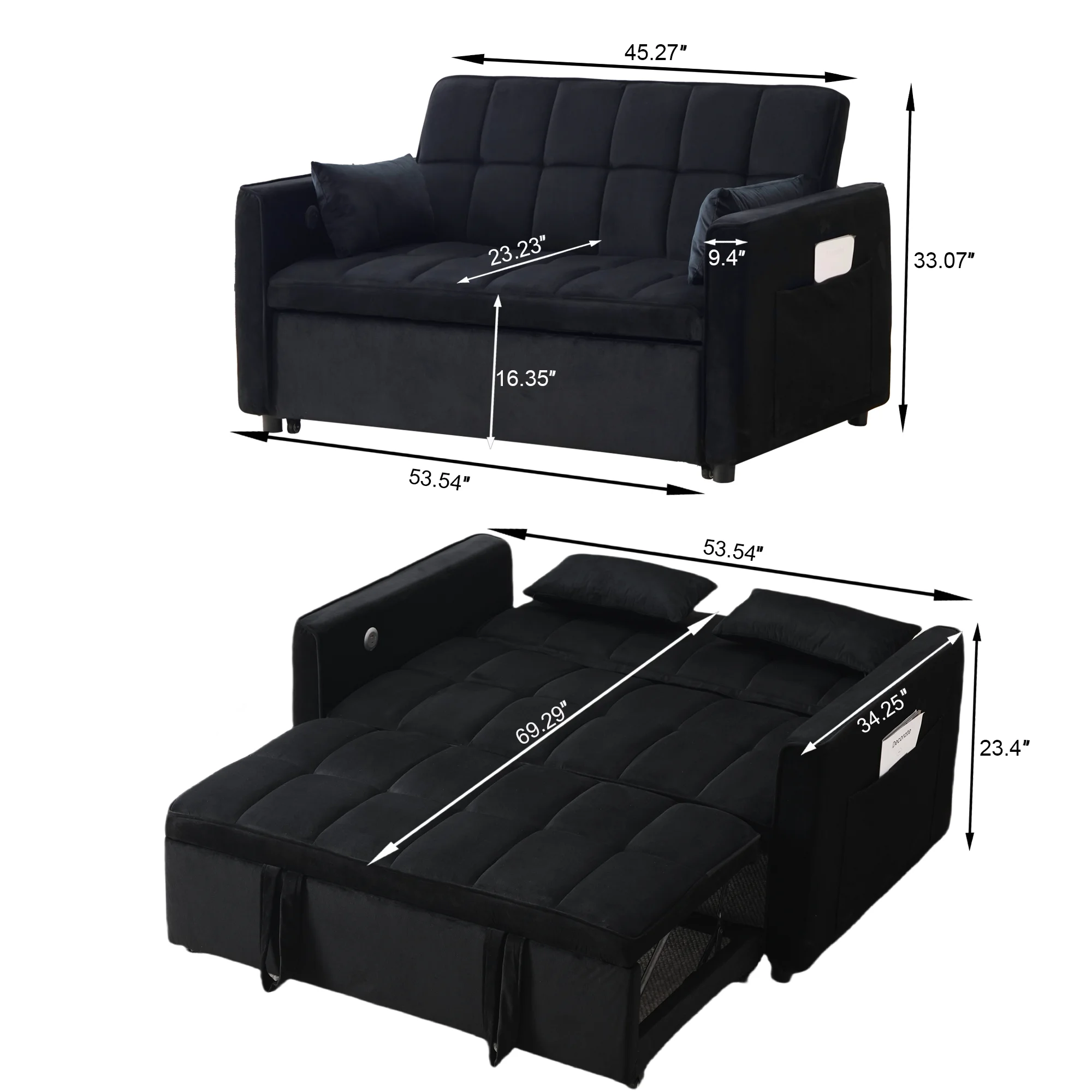 BINBANK Black Velvet 3-in-1 Convertible Sleeper Sofa Bed a?? USB Charging, Adjustable Backrest Pull-Out Futon Loveseat Couch for Living Room, Apartment & Small Space