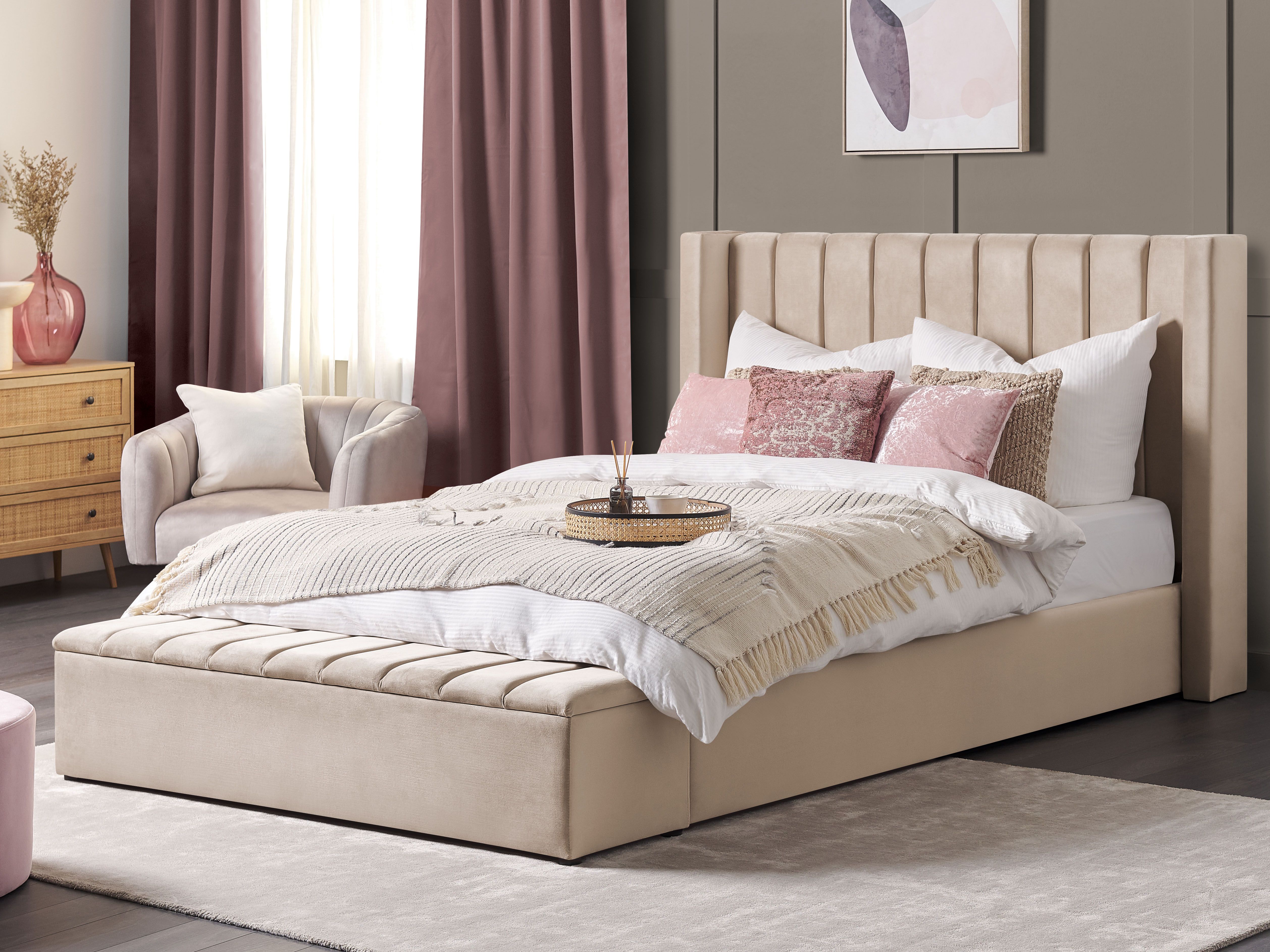 Bed with Storage Bench Velvet NOYERS 180 x 200 cm (EU Super King) Beige