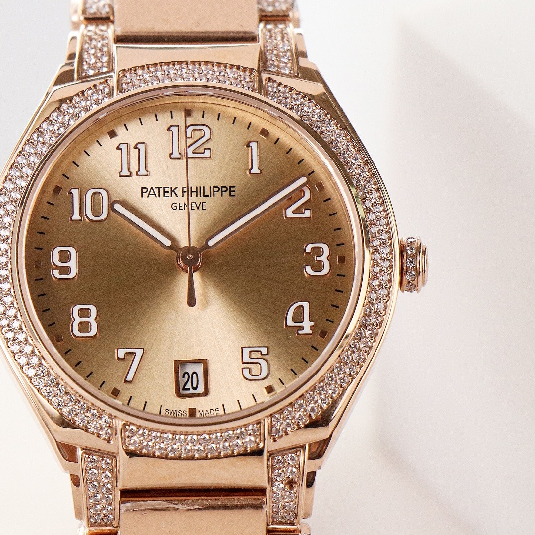Fake Diamond Watch Replica Patek Philippe Twenty~4 Ladies Rose Gold/Diamonds Brown Dial 7300/1201R-010(1:1 replica) - Top club