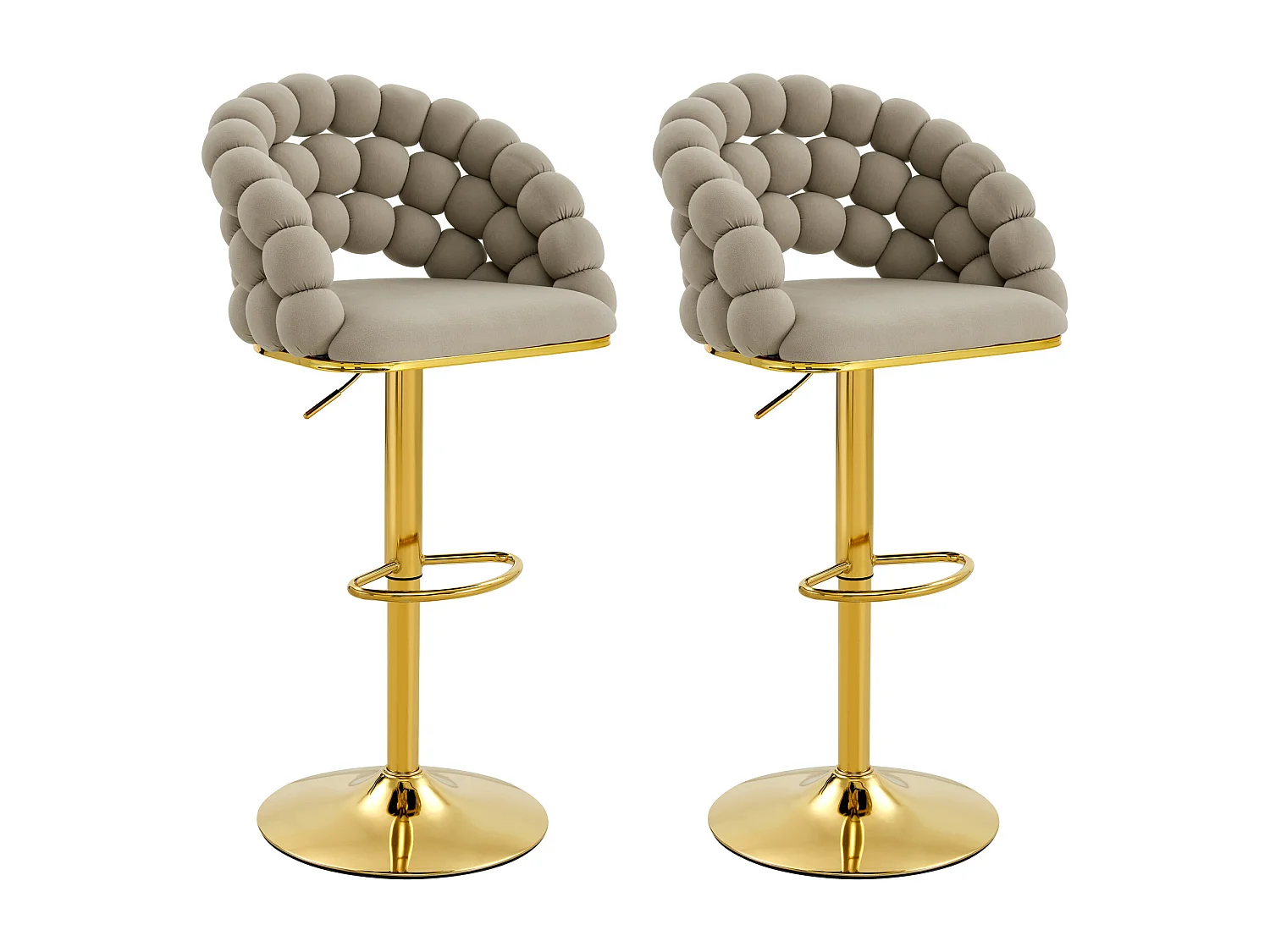 Lot de 2 tabourets de bar, hauteur réglable 65x112 cm, dossier à structure chaîne de perles, assise confortable, métal et velours gris