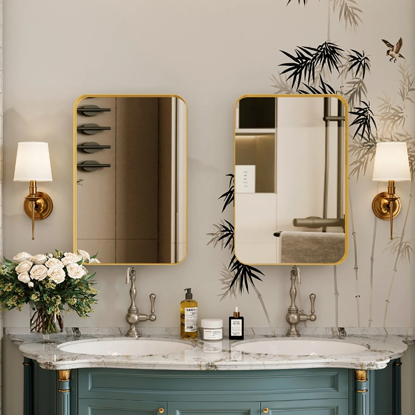 16x24 Inch Bathroom Mirror Cabinet with Adjustable Glass Shelves, Recessed Metal Framed Medicine Cabinet for Storage, Matte Gold