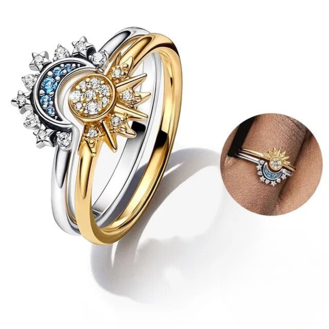 Sterling Zilveren Verstelbare Statement Ring met Zon en Maan Design