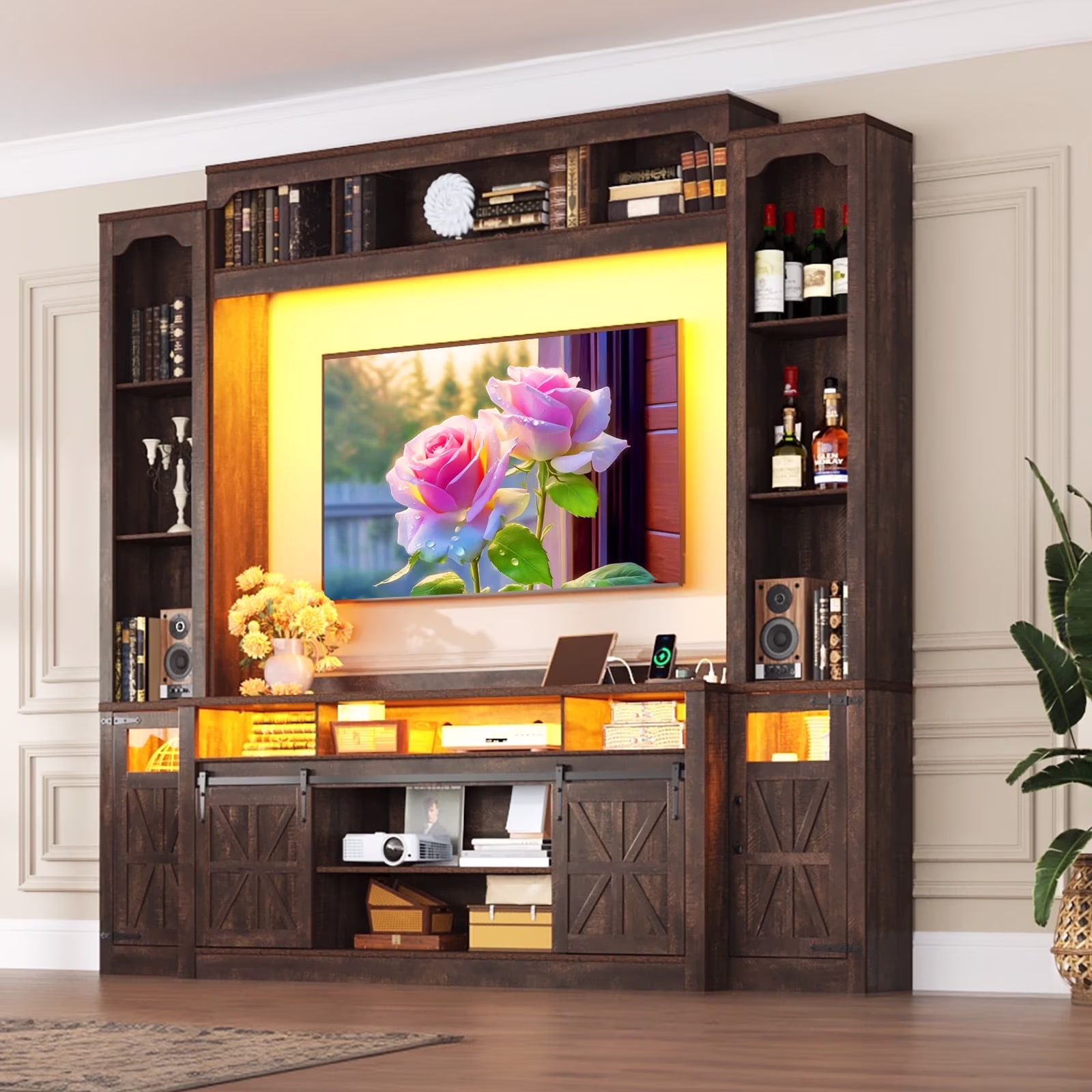 Farmhouse Wall Unit TV Stand with Storage for TVs up to 75", Large Entertainment Center with Bookshelves, LED Light & Power Outlet for Living Room - Image 3
