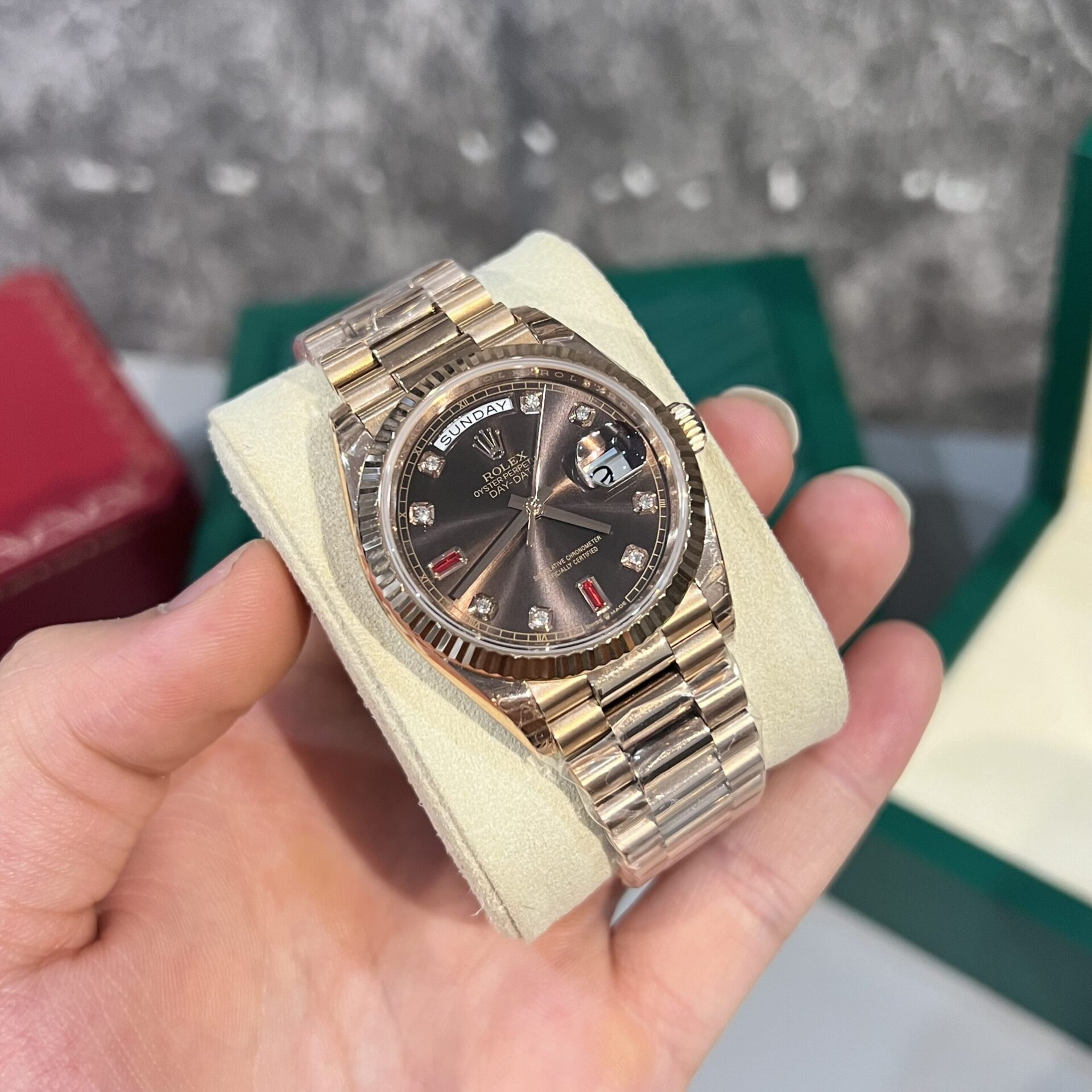 Rolex Replica 1:1 Watch Day-Date Chocolate Dial With Ruby Numbers 36/40mm - Elite Watch Atelier