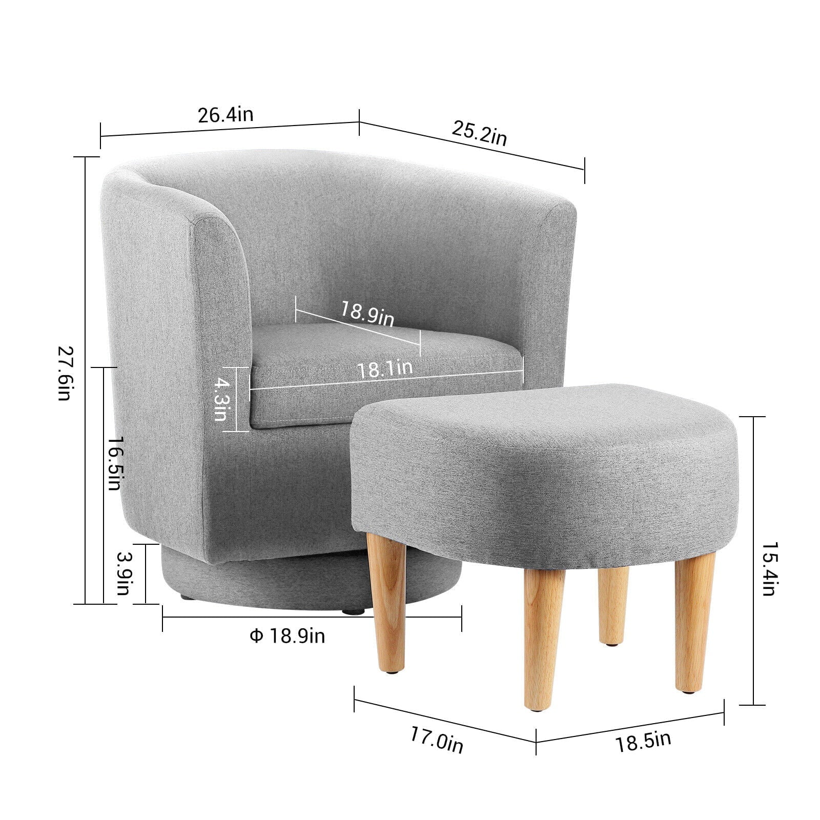Dazone Swivel Armchair & Ottoman Set, Modern Accent Upholstered Single Sofa Chair With Footstool, 360°Rotating Armchair and Footrest Set, Club Tub Chair for Living Room Bedroom Reading Room,Gray - Image 5