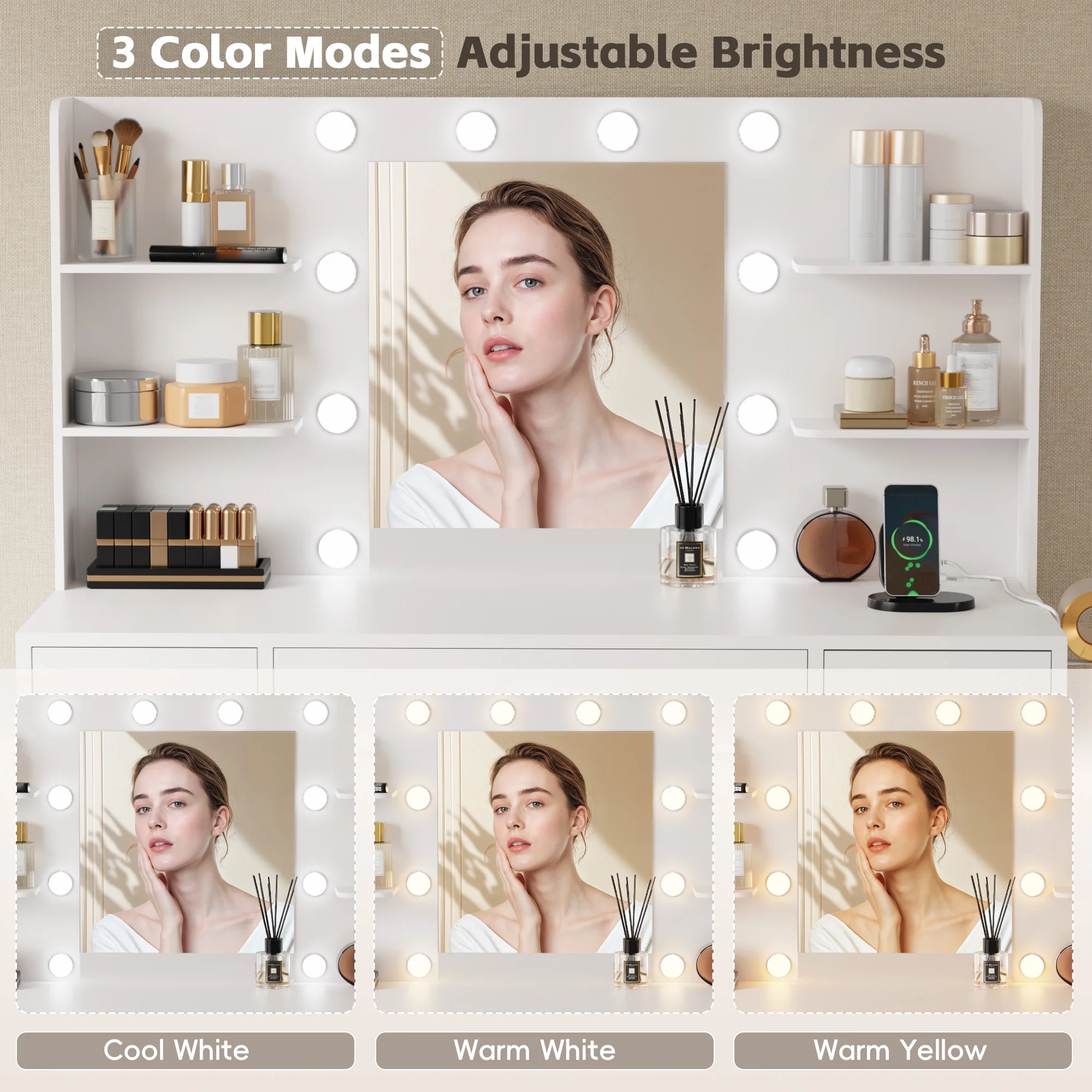 Lacoo Vanity Desk with Mirror and LED Lights, Makeup Vanity with 7 Drawers & 4 Shelves, Vanity Table with Power Outlet for Bedroom Dressing Room, White - Image 4
