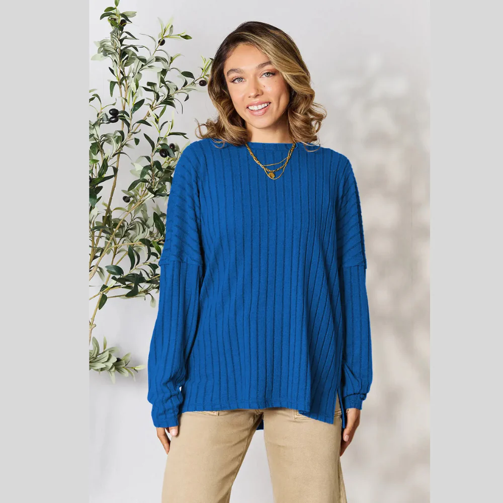 Basic Bae Full Size Ribbed Round Neck Slit Knit Top - ZKZOOK