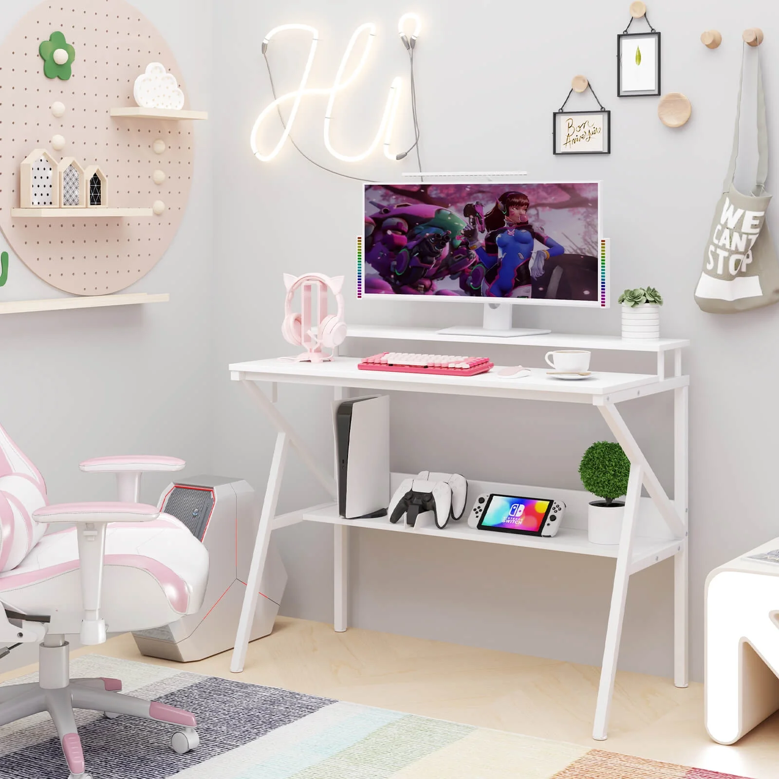Costway Home Office Desk with Monitor Stand, Open Shelf & Metal Frame, Earphone Hook White
