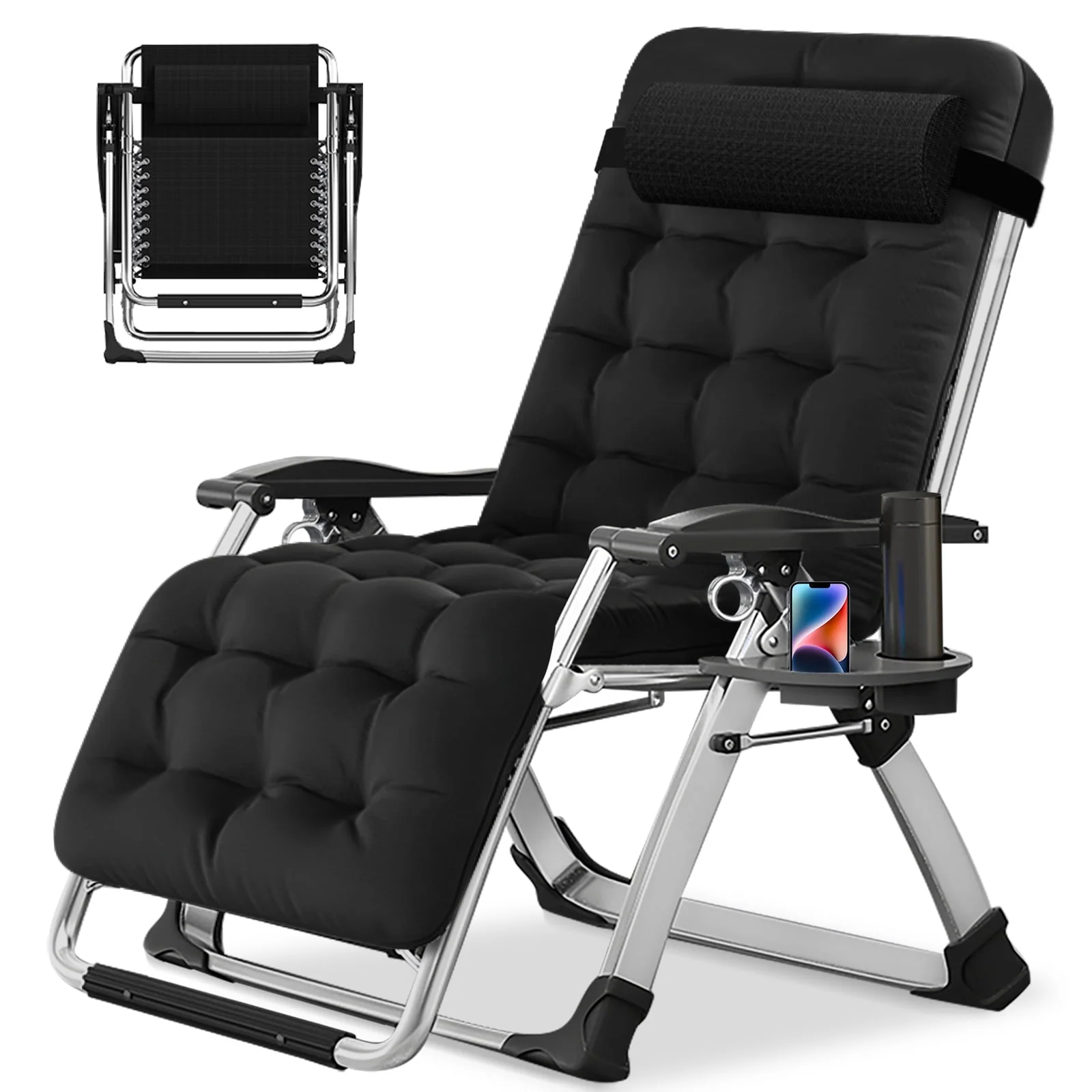 NAIZEA 2 Pack Zero Gravity Chair, Foldable Portable Lawn Recliner with Cushion, Headrest, Cup Holder, Black - Image 30