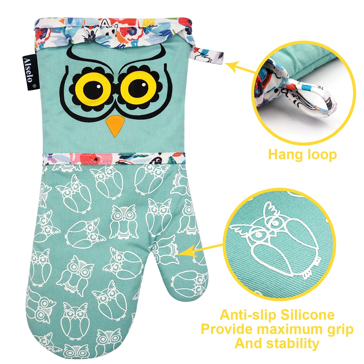 Owl Pattern Kitchen Cotton Silicone Oven Mitts Non-Slip BBQ Chef Gloves Pairs Heat Resistant Dishwasher Safe