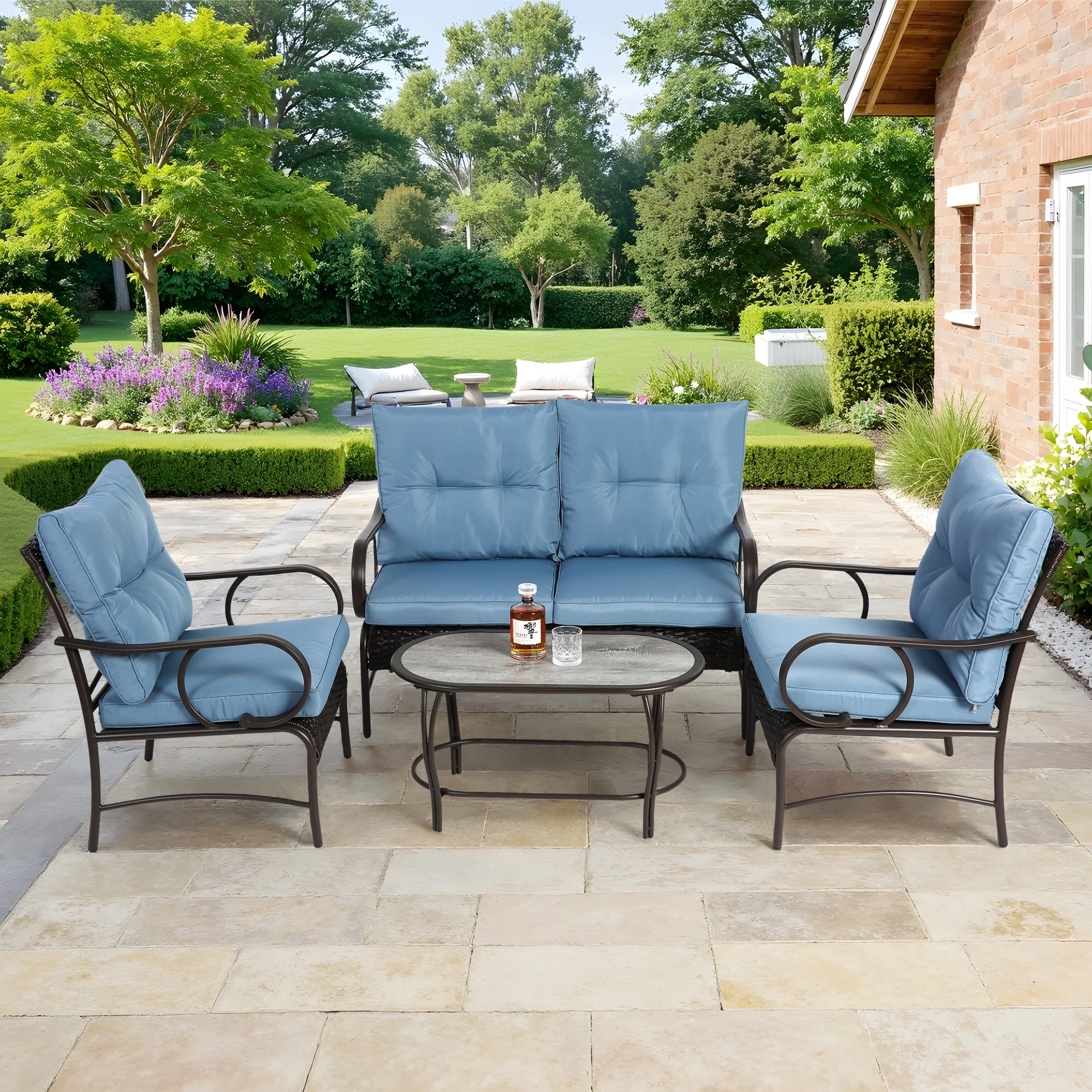 Patio Sofa Set, 4 Pieces Outdoor Sectional Furniture, All-Weather PE Rattan Wicker Patio Conversation Set, Cushioned Sofa Set with Coffee Table for Patio Garden Poolside Deck - Image 13