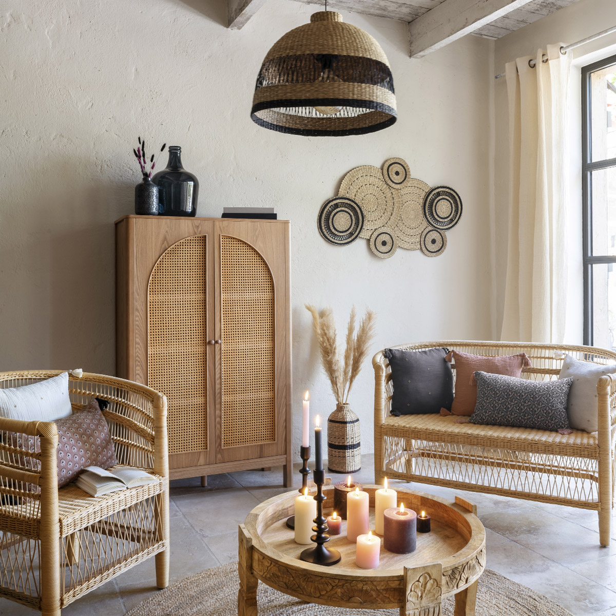 Bench "Malevio" Mahogany & rattan, beige