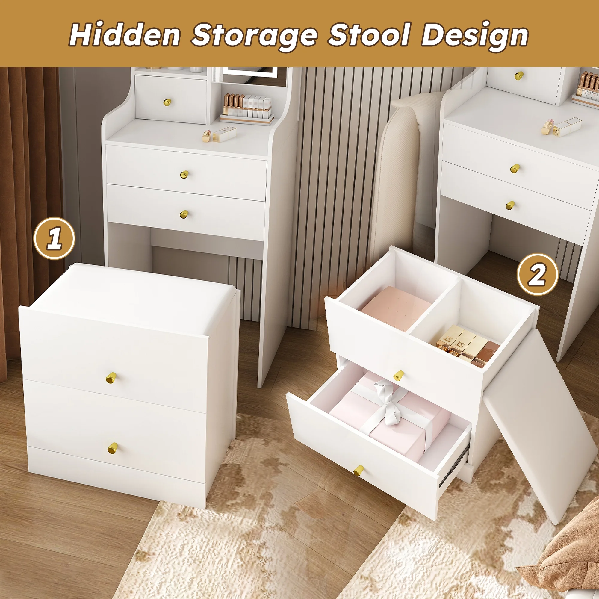 Montary Modern Mini Vanity w/Adjustable LED Mirror + Hidden Storage, Padded Stool & Dustproof Shelves (White) - Image 46