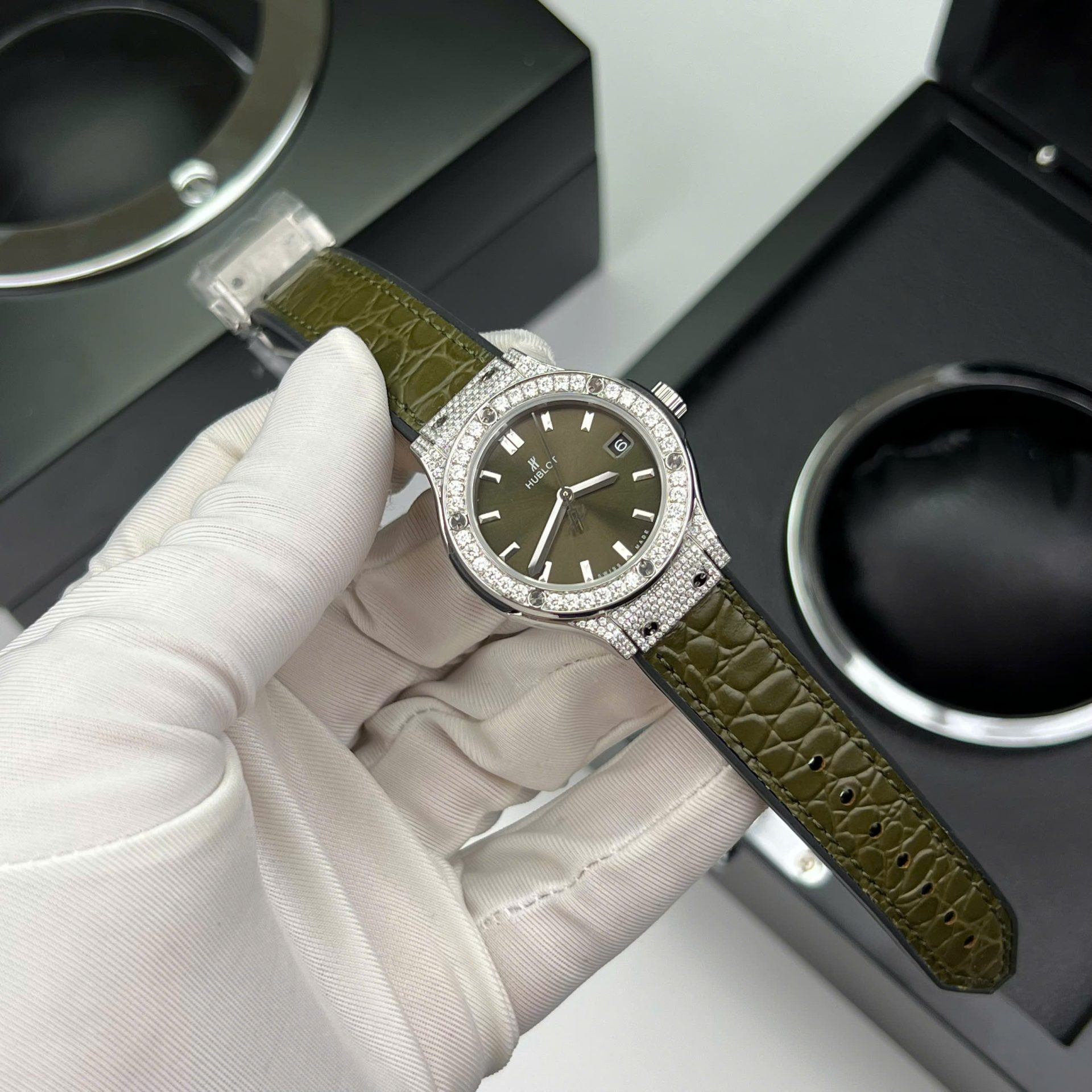 Hublot Classic Fusion Titanium Green Replica Watch Custom Moissanite Diamonds 33mm - Top club