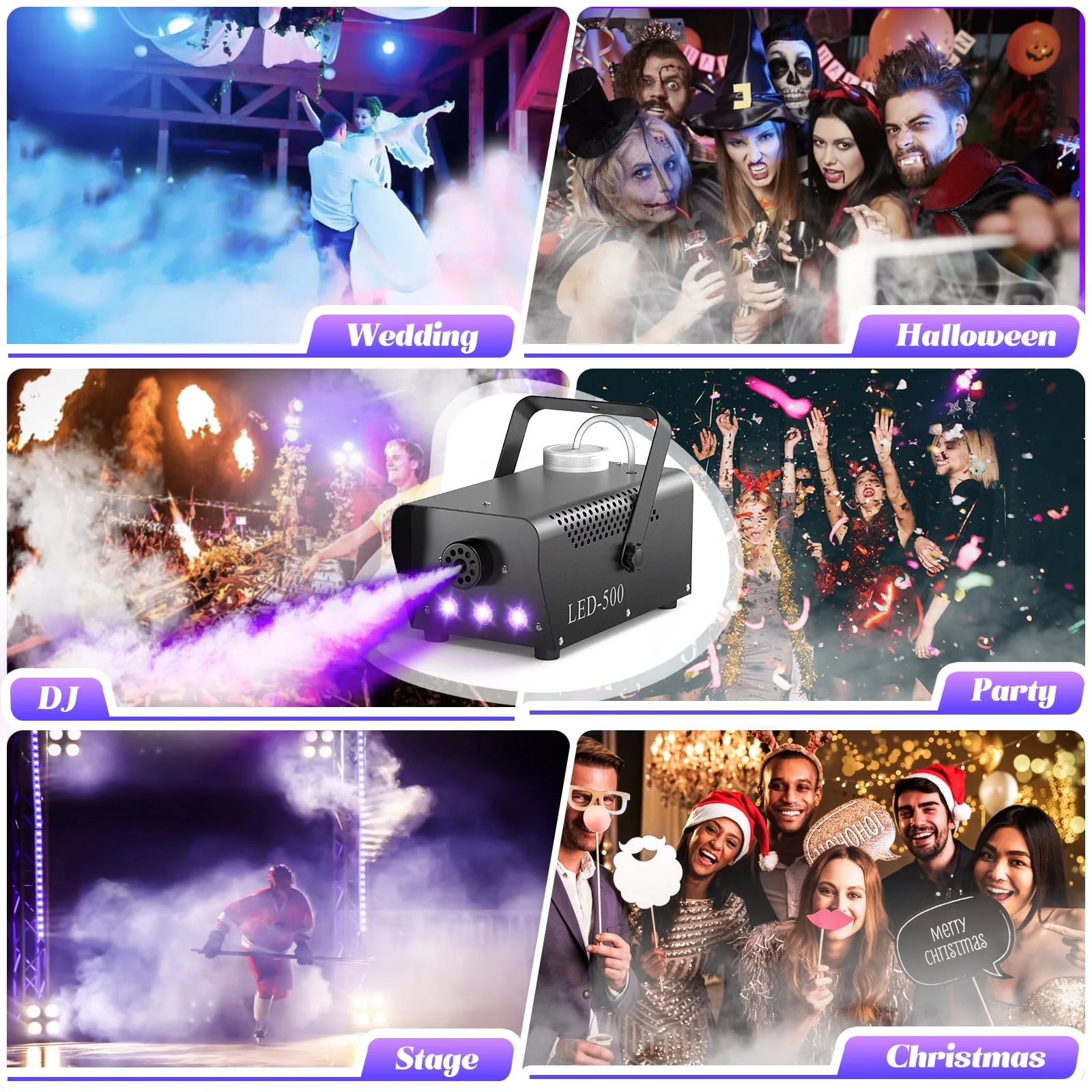 500W Fog Machine with RGB LED Lights, Remote Control, 3000CFM, 15 Lighting Effects for Wedding, DJ, Party, Concert, Halloween - Image 2 500W Fog Machine with RGB LED Lights, Remote Control, 3000CFM, 15 Lighting Effects for Wedding, DJ, Party, Concert, Halloween - Image 2