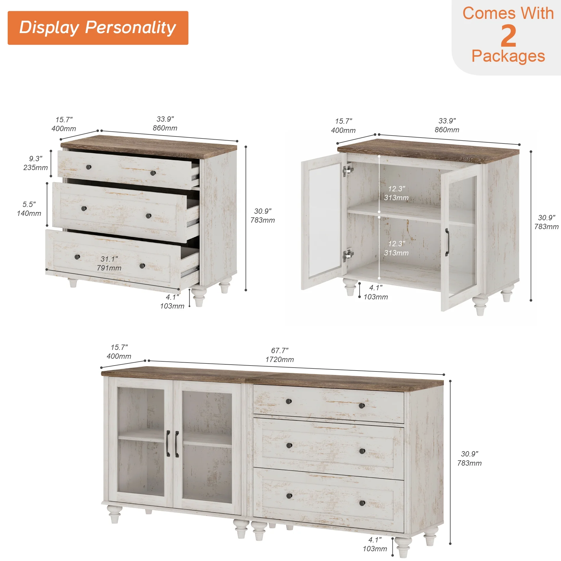 TV Stand for 75-Inch TVs, Wooden TV Cabinet Entertainment Center Television Stands for Living Room, 2-in-1 Sideboard Buffet Cabinet with Glass Door & Drawer for Kitchen, Rustic White