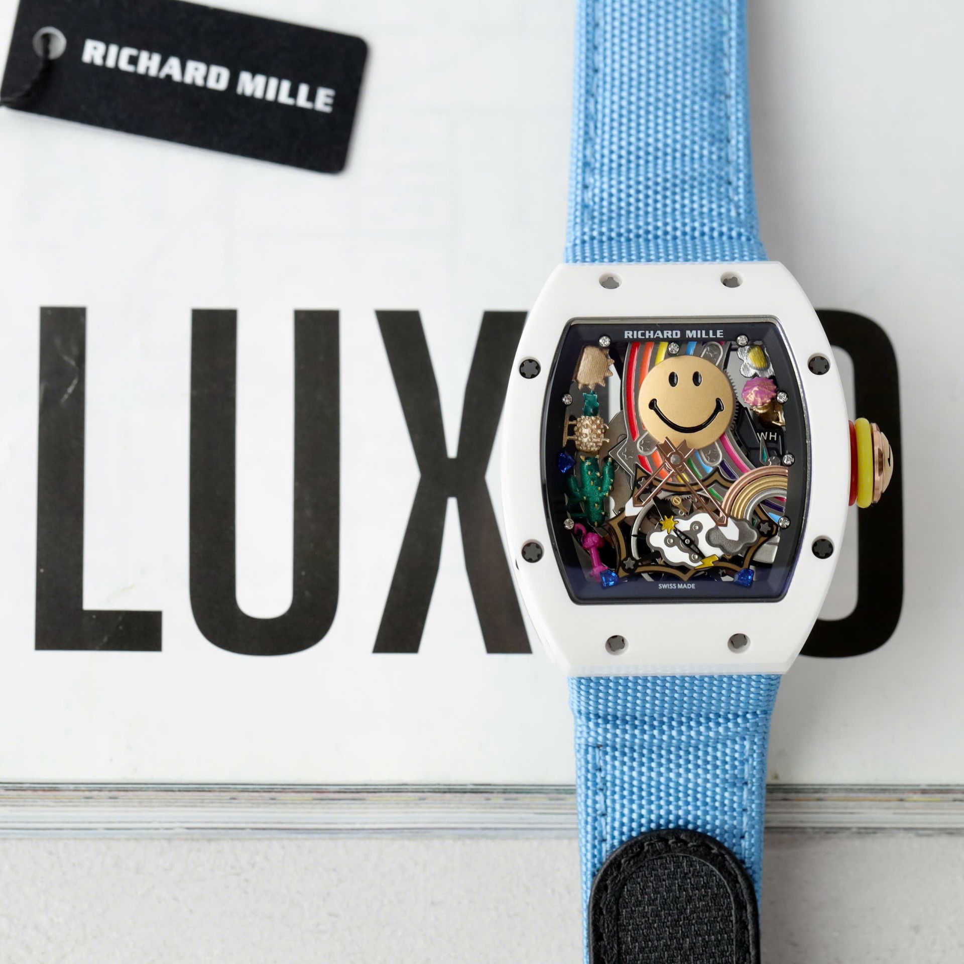 Richard Mille Best Copies Watch RM88 Smiley White Ceramic Fabic Nato Strap 42mm - Elite Watch Atelier