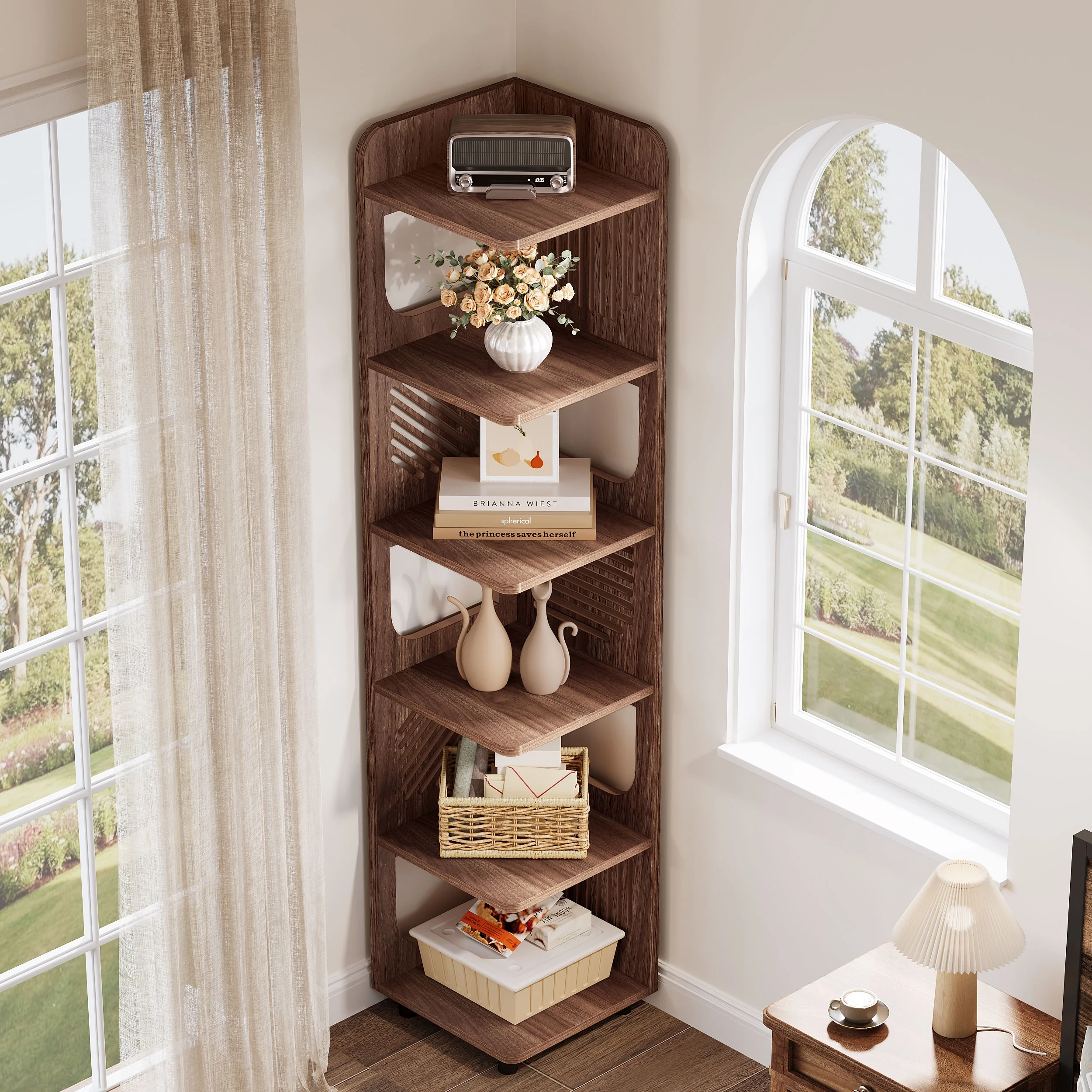 Fnova 71" 6-Tier Tall Corner Bookshelf, Rustic Wooden Narrow Corner Bookcase with Artistic Square Rack, Freestanding Display Storage Shelf for Space-Saving Home Organizing - Image 2