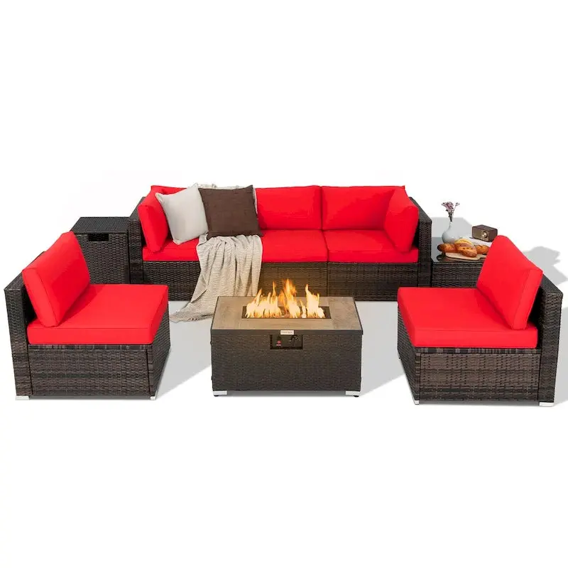 8-Piece All-Weather PE Rattan Patio Conversation Set With Fire Pit Table, Tank Holder And Cover - Image 4 8-Piece All-Weather PE Rattan Patio Conversation Set With Fire Pit Table, Tank Holder And Cover - Image 4