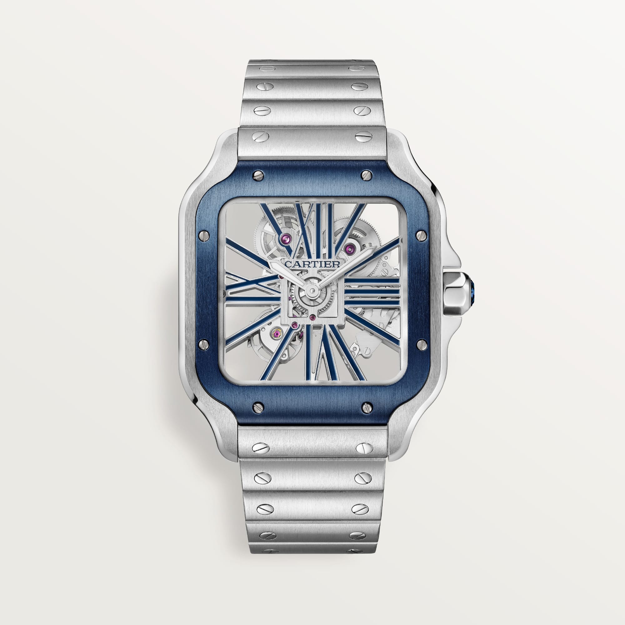 Fake Cartier Watch Santos large model mechanical movement with manual winding caliber Steel Blue Skeleton Dial WHSA0026 TWF(1:1 replica) - Top club