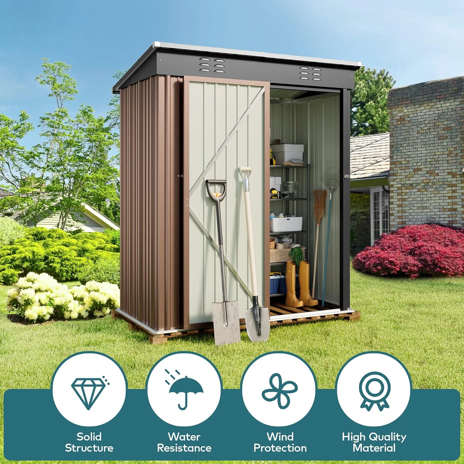 5'x3' Outdoor Storage Shed, Lofka Metal Storage Tool Shed with Single Lockable Door, for Bike| Garden Tools| Patio, Grey - Image 21