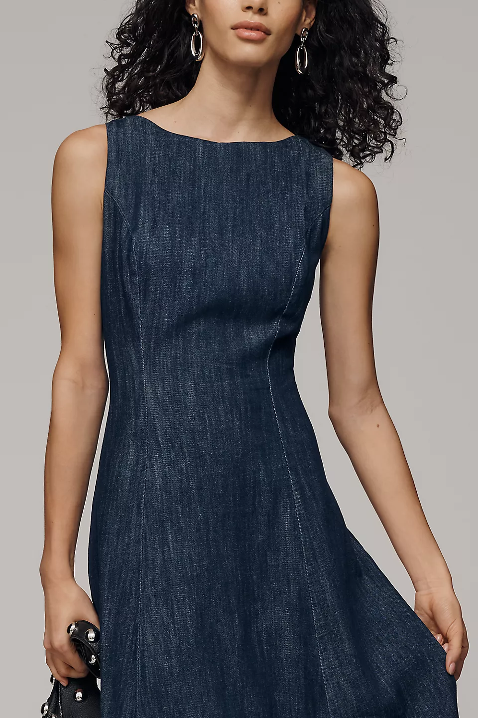 Boat-Neck Denim Bubble Midi Dress