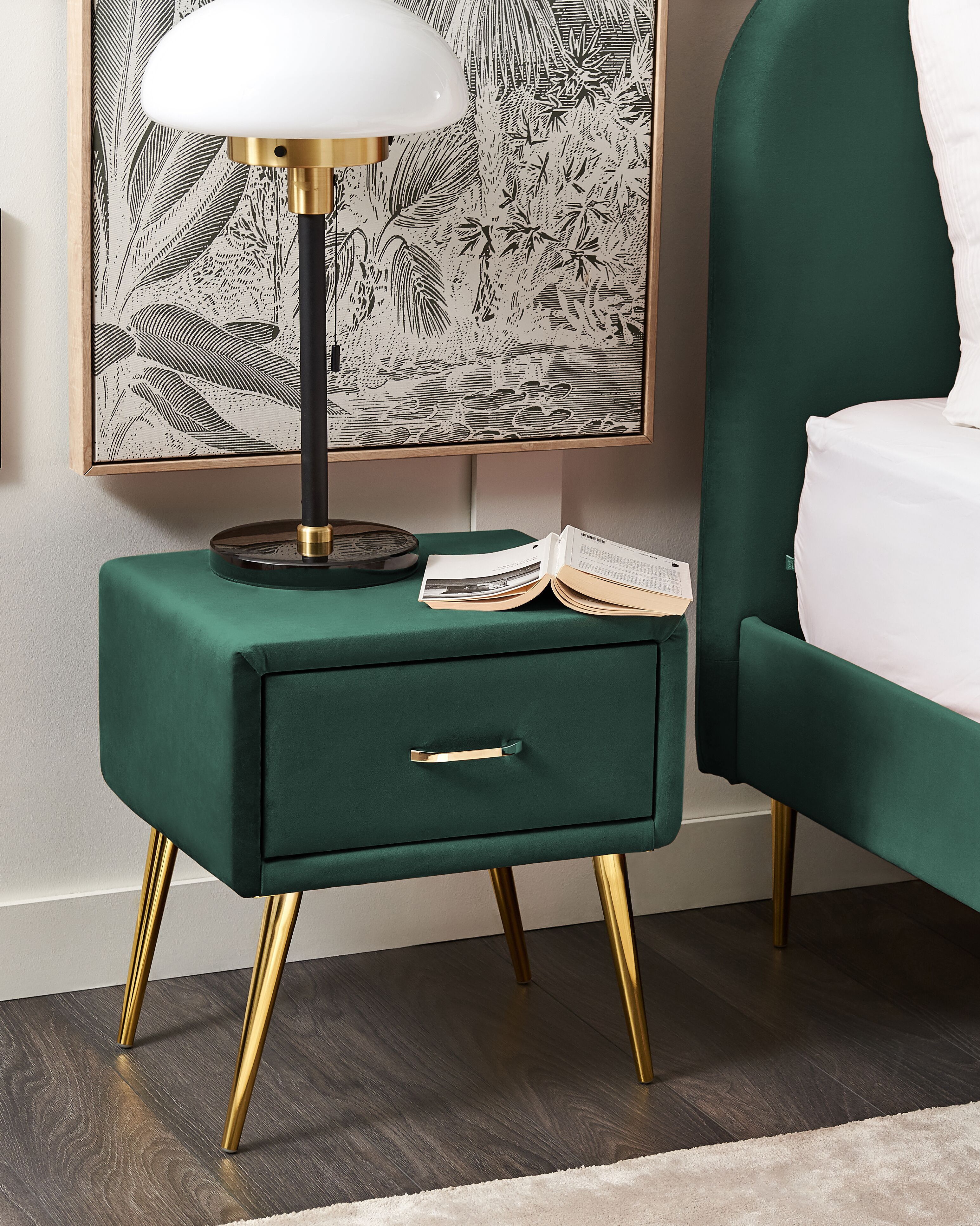 1 Drawer Bedside Table FLAYAT Velvet Emerald Green