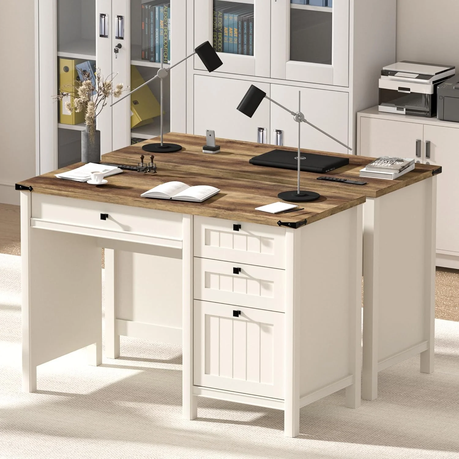 FIAKOA 45"Executive Desk, Modern Farmhouse Computer Desk with Drawers & Cabinet, White Home Office Desk Writing Workspace for Work Study - Image 8