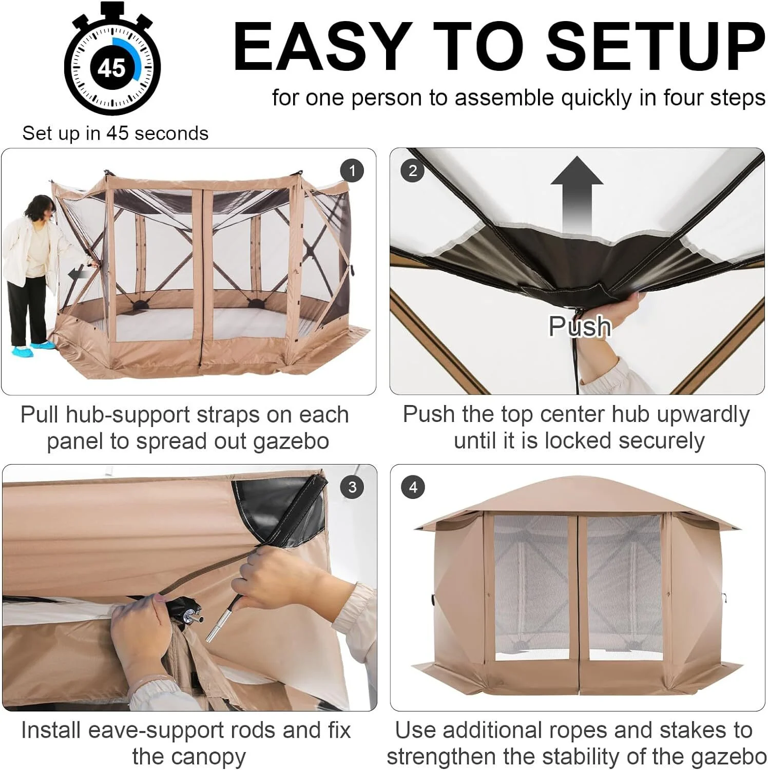 COBIZI 12'x12' Pop-up Gazebo Outdoor Camping Tent with 6 Sides Mosquito Netting, Waterproof, UV Resistant, Portable Screen House Room, Easy Set-up Party Tent with Carry bag, Ground Spike, Brown - Image 18