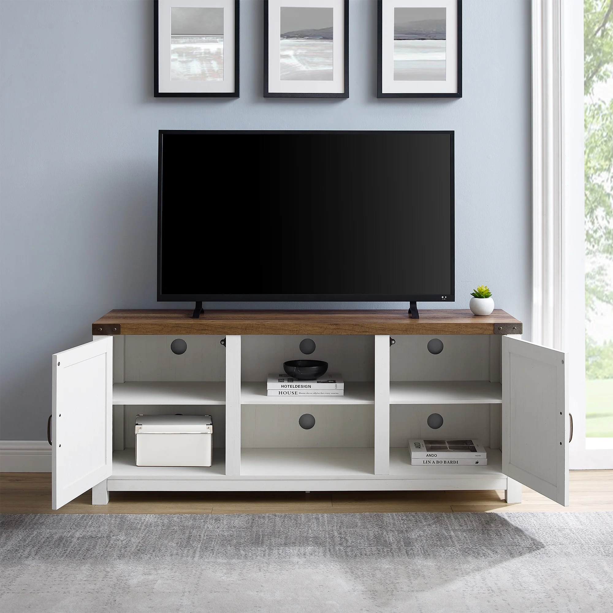 Walker Edison Modern Farmhouse Barn Door TV Stand for TVs up to 65", Grey Wash - Image 113
