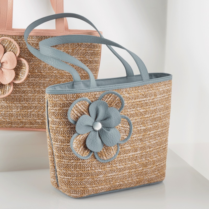 Synthetic Straw Tote with 3D Flower - MIDNIGHT VELVET CATALOG