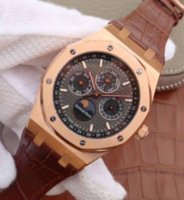 Replica Audemars Piguet JF Royal Oak 41mm 26574 RG Black Dial Leather Strap A5134 - Elite Watch Atelier