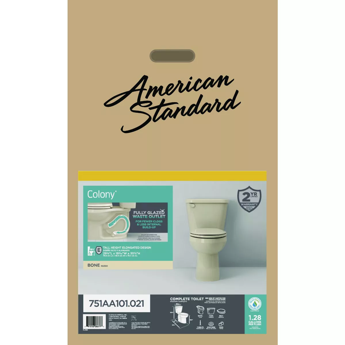 American Standard Colony3 Chair Height Bone Elongated Bowl 1.28 GPF Toilet-To-Go
