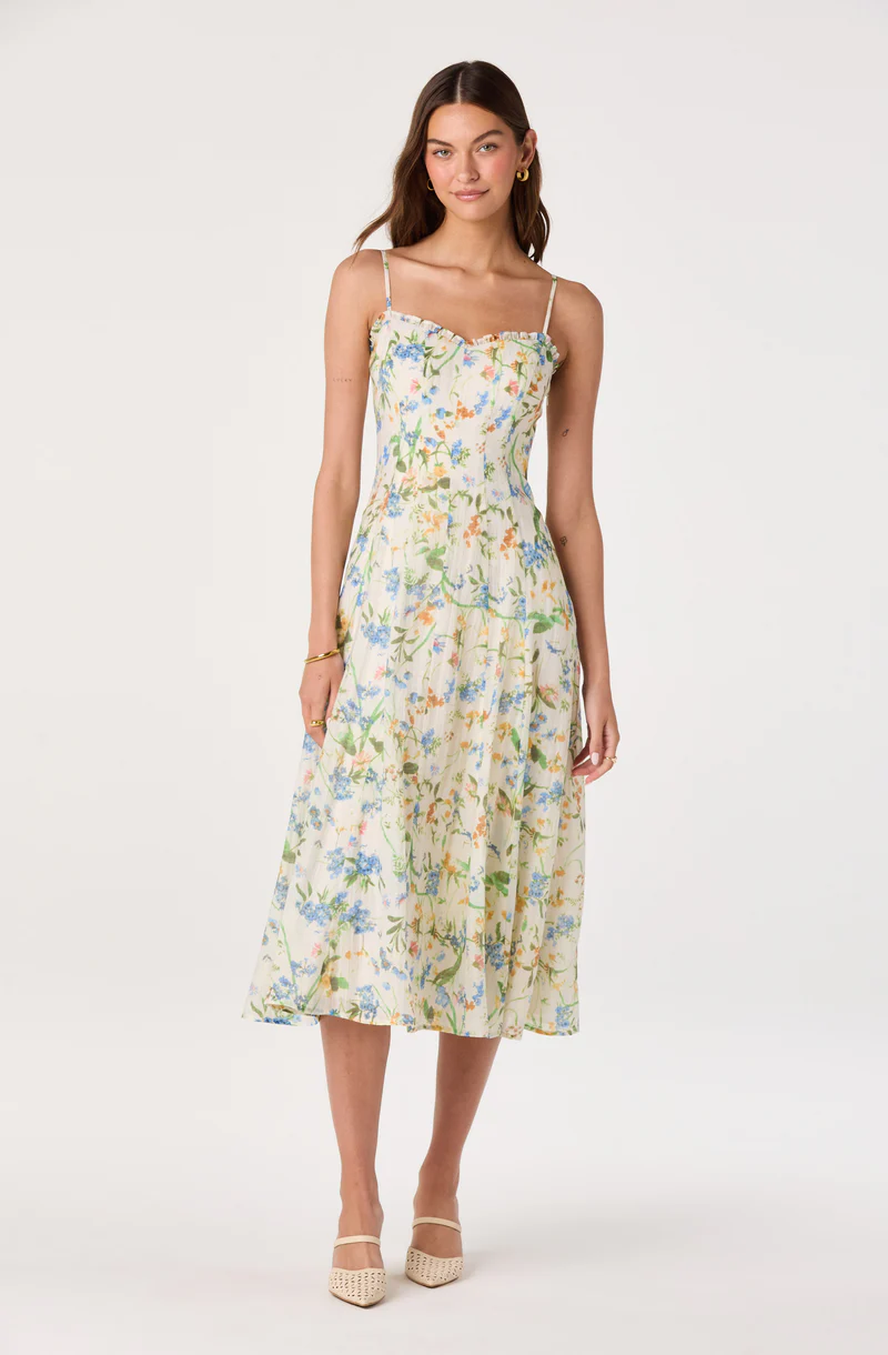 Jaylynn Ruffle Sweetheart Linen Midi Dress