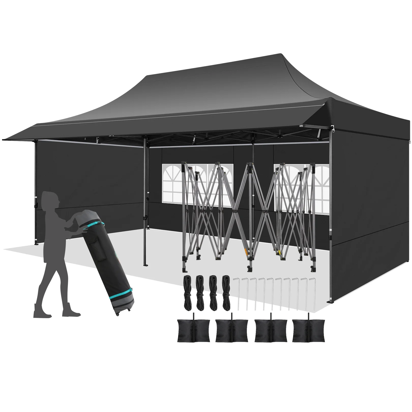 COBIZI 10x20 Pop Up Canopy Heavy Duty Party Tent with Removable Awning and Sidewalls,Easy Up Outdoor Wedding Canopy,Gazebo All Season Windproof&Waterproof with Roller Bag UPF 50+,Black - Image 7