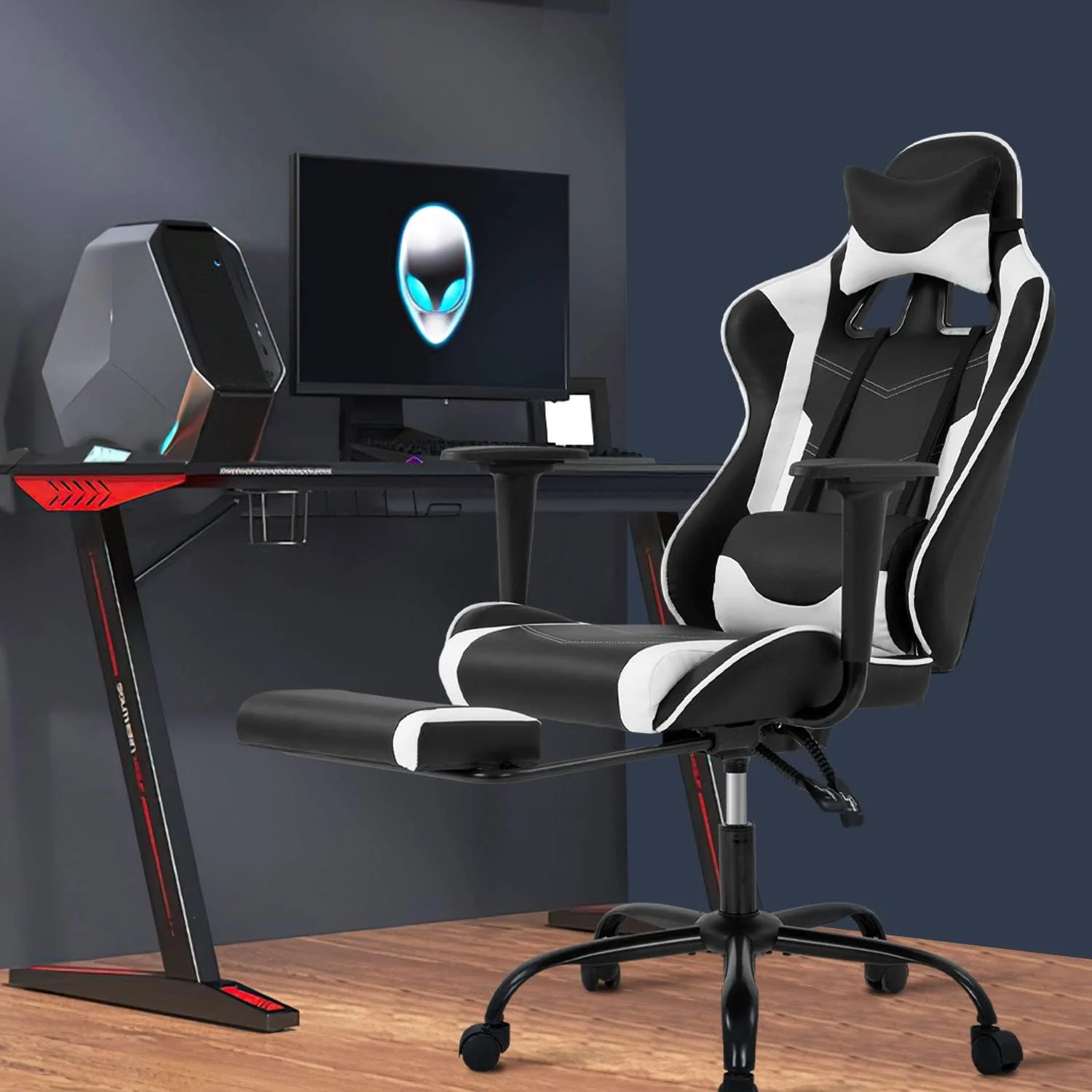 FDW White Gaming Chair - Ergonomic High Back w/Footrest & Lumbar Support�?Racing Style Office Chair